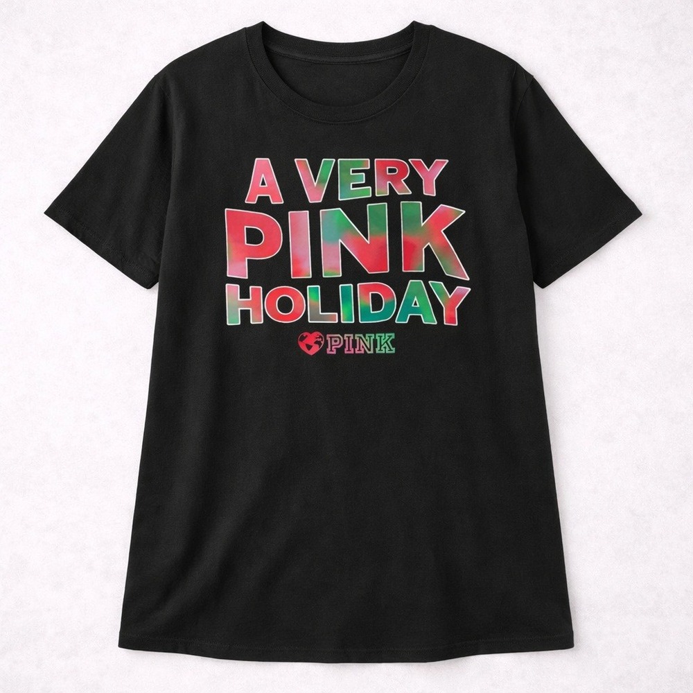 Victoria's Secret PINK Holiday Graphic Tee‎ Black Short Sleeve Logo Shirt